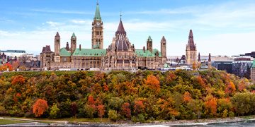Parliament Hill in Ottawa surrounded by fall foliage