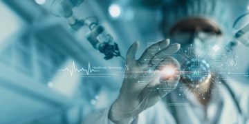 AI and Health banner image with medical worker in mask and futuristic digital background