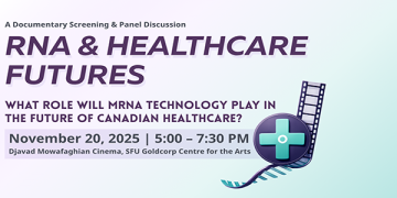 Light purple, white and green banner advertising the RNA & Healthcare Futures Film Screening on November 20 at the SFU Centre for the Arts