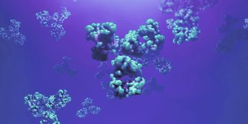 rendering of antibody molecules floating in a blue–purple background