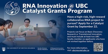 Graphic featuring RNA Innovation at UBC Catalyst Grants Program - features a navy background and a small team of office workers with laptops